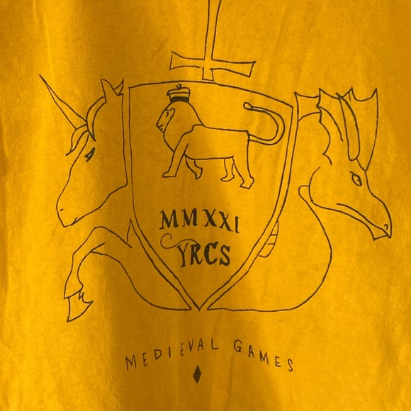 Medieval Games School Student Drawn T-Shirt Yellow Nerd Geek Men’s S FUNKY - Picture 2 of 5